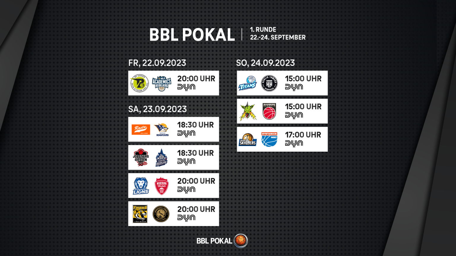 BBL Pokal Spiele für die 1. Runde terminiert BARMER 2. Basketball